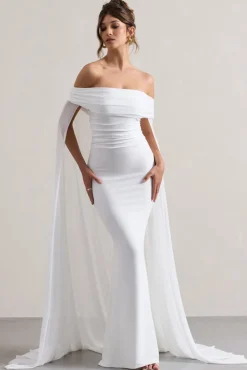 Carlotta | White Bardot Maxi Dress With Chiffon Cape