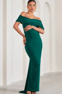 Carmen | Bottle Green Bardot Maternity Maxi Dress