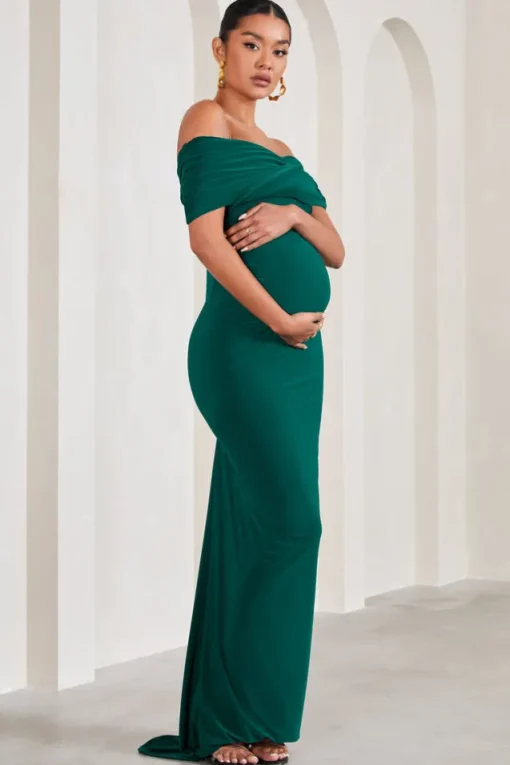 Carmen | Bottle Green Bardot Maternity Maxi Dress