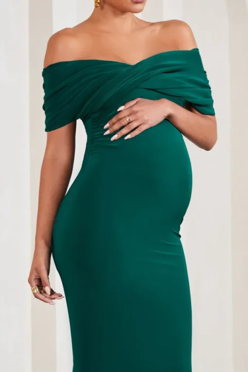 Carmen | Bottle Green Bardot Maternity Maxi Dress