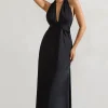 Carolyn | Black Satin Plunge Maxi Dress With Dipped Hem