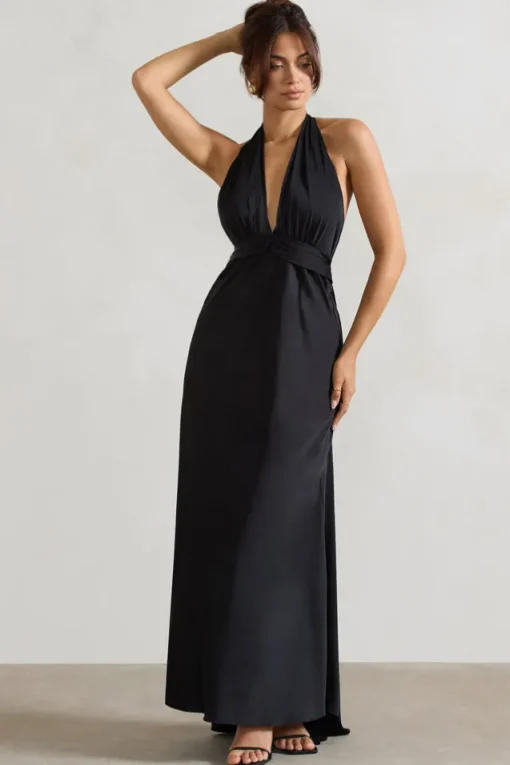 Carolyn | Black Satin Plunge Maxi Dress With Dipped Hem