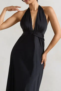 Carolyn | Black Satin Plunge Maxi Dress With Dipped Hem