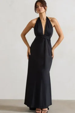 Carolyn | Black Satin Plunge Maxi Dress With Dipped Hem