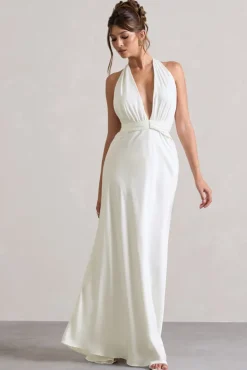 Carolyn | Ivory Satin Plunge Maxi Dress With Dipped Hem