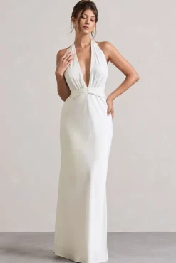 Carolyn | Ivory Satin Plunge Maxi Dress With Dipped Hem