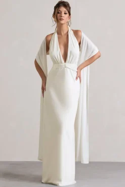 Carolyn | Ivory Satin Plunge Maxi Dress With Dipped Hem