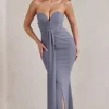 Carrie | Grey Sweetheart Neckline Maxi Dress With Statement Tie