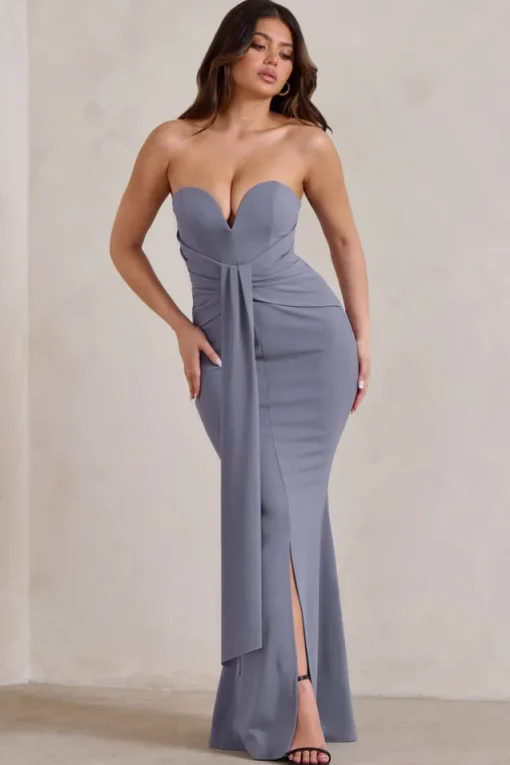 Carrie | Grey Sweetheart Neckline Maxi Dress With Statement Tie