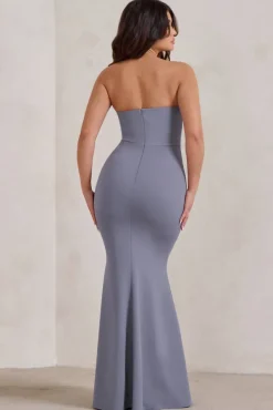 Carrie | Grey Sweetheart Neckline Maxi Dress With Statement Tie