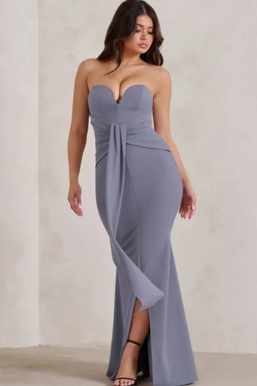 Carrie | Grey Sweetheart Neckline Maxi Dress With Statement Tie