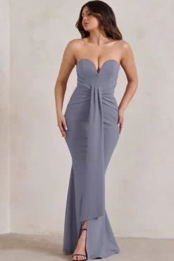 Carrie | Grey Sweetheart Neckline Maxi Dress With Statement Tie