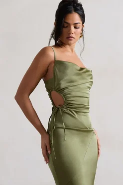 Carter | Olive Green Satin Cowl-Neck Maxi Dress With Cut-Out