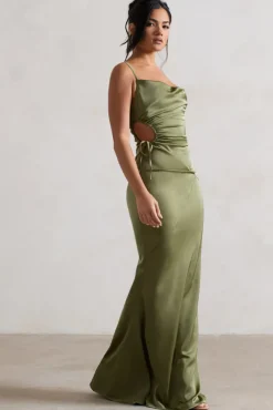 Carter | Olive Green Satin Cowl-Neck Maxi Dress With Cut-Out