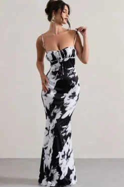Casablanca | Monochrome Floral Print Satin Sweetheart Maxi Dress