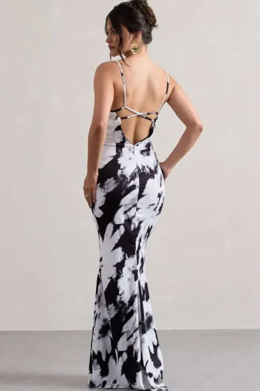 Casablanca | Monochrome Floral Print Satin Sweetheart Maxi Dress