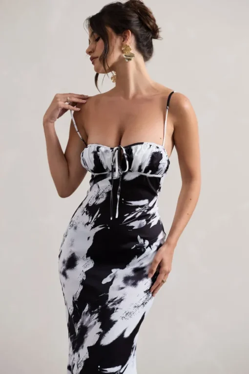 Casablanca | Monochrome Floral Print Satin Sweetheart Maxi Dress