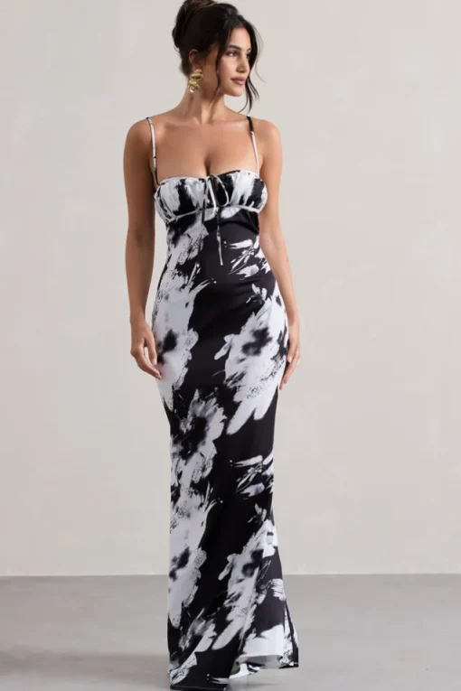 Casablanca | Monochrome Floral Print Satin Sweetheart Maxi Dress