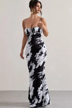 Casablanca | Monochrome Floral Print Satin Sweetheart Maxi Dress