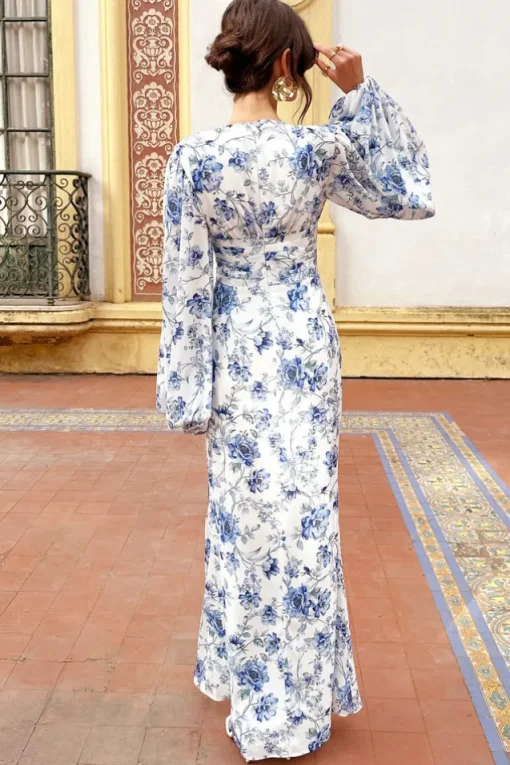 Casarile | Blue Floral Print V-Neck Balloon Sleeve Maxi Dress