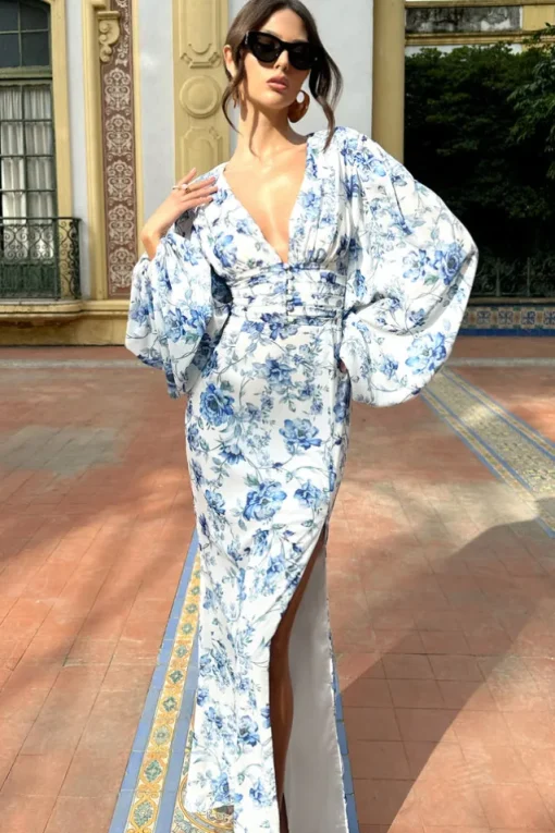 Casarile | Blue Floral Print V-Neck Balloon Sleeve Maxi Dress