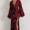 Casarile | Red Floral Print V-Neck Balloon Sleeve Maxi Dress