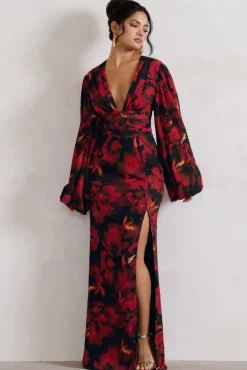Casarile | Red Floral Print V-Neck Balloon Sleeve Maxi Dress