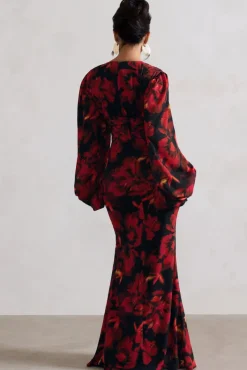 Casarile | Red Floral Print V-Neck Balloon Sleeve Maxi Dress