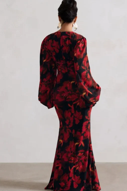 Casarile | Red Floral Print V-Neck Balloon Sleeve Maxi Dress