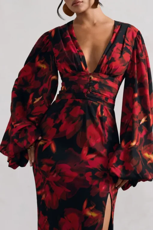 Casarile | Red Floral Print V-Neck Balloon Sleeve Maxi Dress