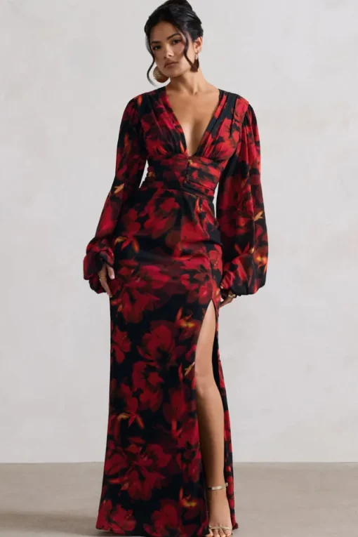 Casarile | Red Floral Print V-Neck Balloon Sleeve Maxi Dress