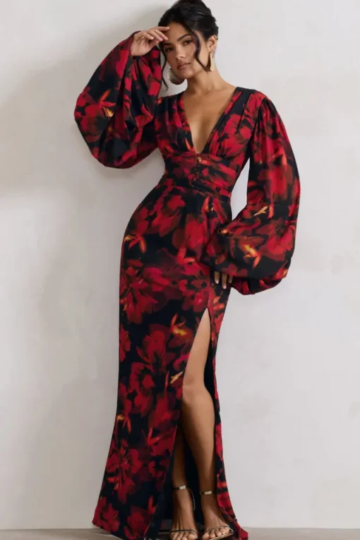 Casarile | Red Floral Print V-Neck Balloon Sleeve Maxi Dress