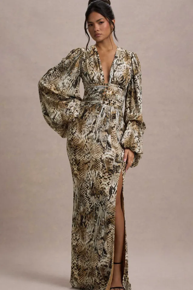 Casarile | Snake Print V-Neck Balloon Sleeve Maxi Dress