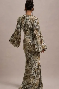Casarile | Snake Print V-Neck Balloon Sleeve Maxi Dress