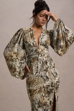 Casarile | Snake Print V-Neck Balloon Sleeve Maxi Dress