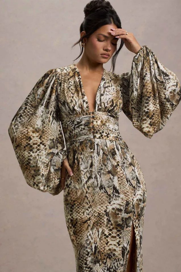 Casarile | Snake Print V-Neck Balloon Sleeve Maxi Dress