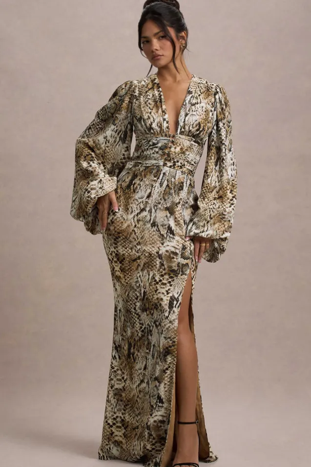 Casarile | Snake Print V-Neck Balloon Sleeve Maxi Dress
