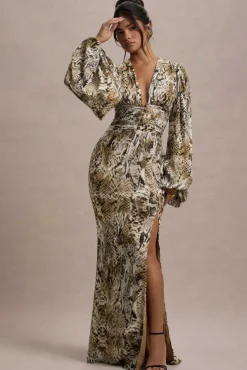 Casarile | Snake Print V-Neck Balloon Sleeve Maxi Dress