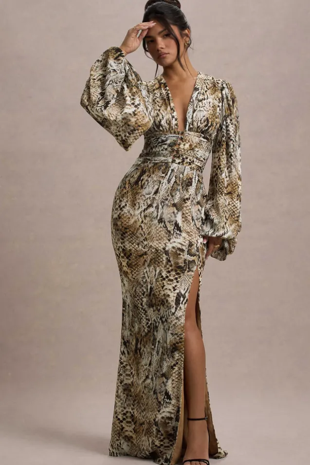 Casarile | Snake Print V-Neck Balloon Sleeve Maxi Dress