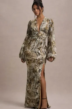 Casarile | Snake Print V-Neck Balloon Sleeve Maxi Dress