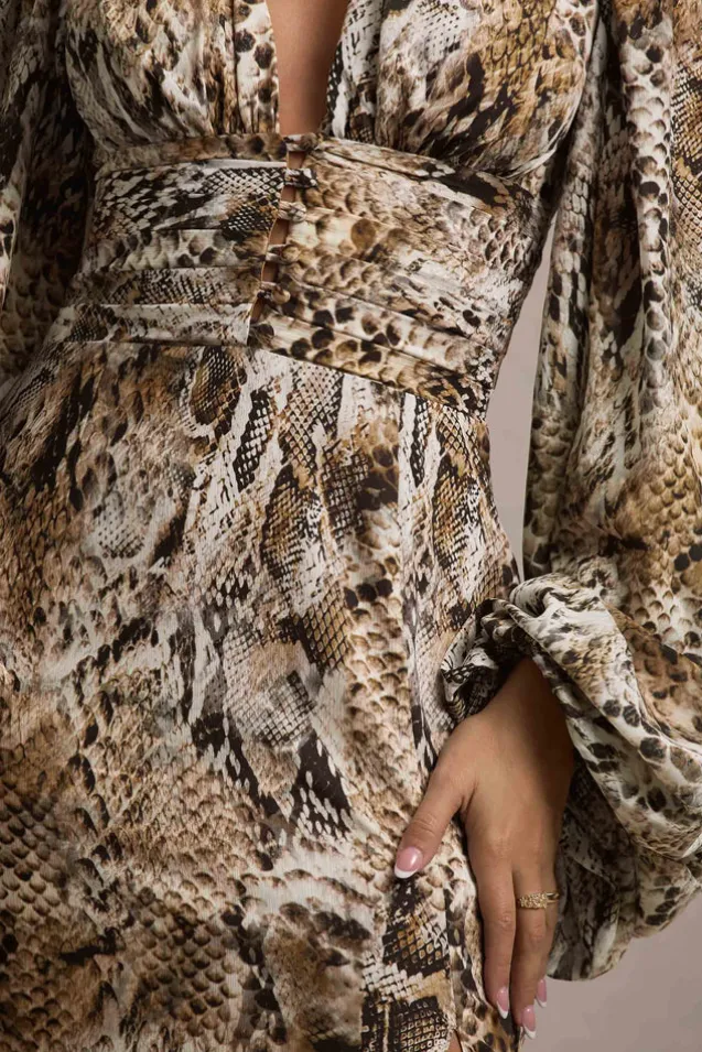 Casarile | Snake Print V-Neck Balloon Sleeve Maxi Dress