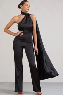 Cascada | Black Satin Wide Leg Jumpsuit With Statement Scarf Neck