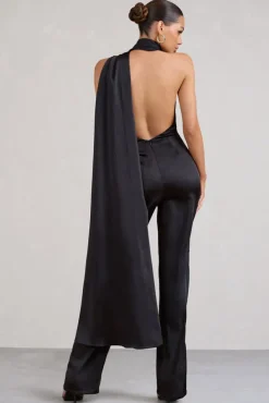 Cascada | Black Satin Wide Leg Jumpsuit With Statement Scarf Neck