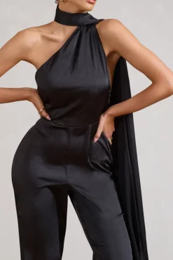 Cascada | Black Satin Wide Leg Jumpsuit With Statement Scarf Neck