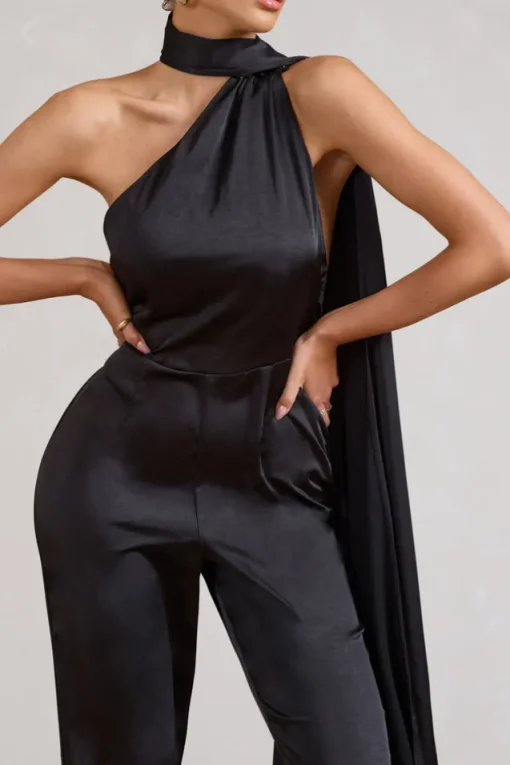 Cascada | Black Satin Wide Leg Jumpsuit With Statement Scarf Neck