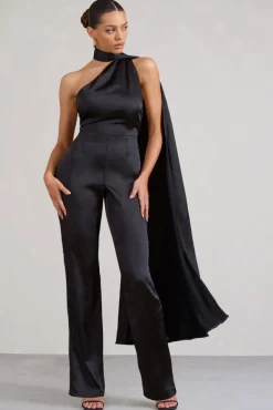Cascada | Black Satin Wide Leg Jumpsuit With Statement Scarf Neck