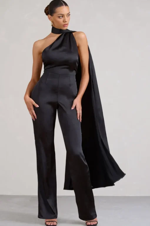 Cascada | Black Satin Wide Leg Jumpsuit With Statement Scarf Neck