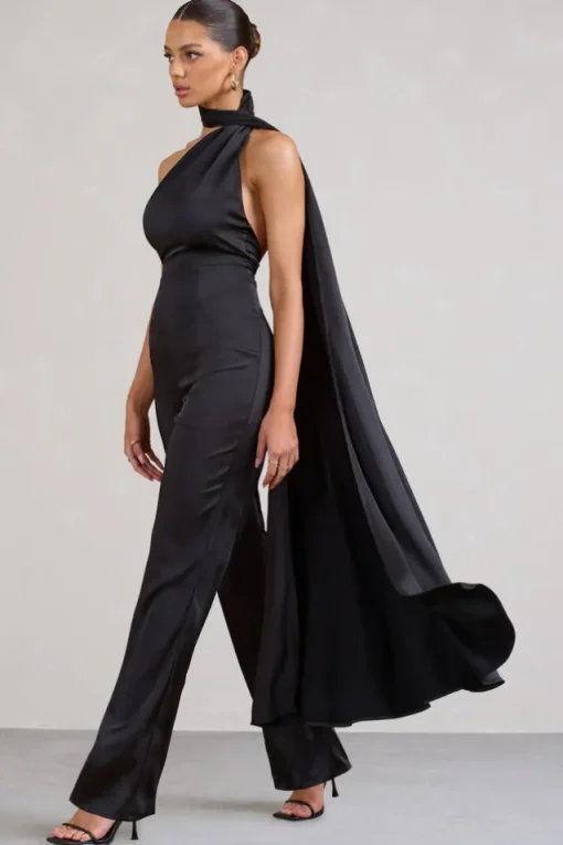 Cascada | Black Satin Wide Leg Jumpsuit With Statement Scarf Neck