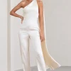 Cascada | Cream Satin Halter Jumpsuit With Draped Scarf