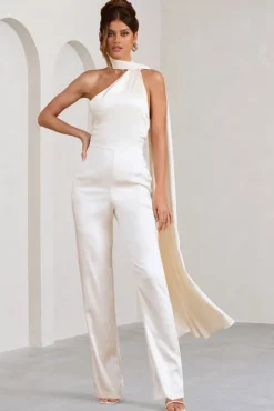 Cascada | Cream Satin Halter Jumpsuit With Draped Scarf